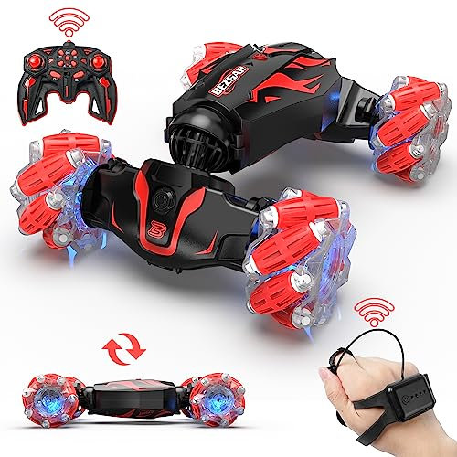 BEZGAR Remote Control Cars - Gesture RC Car with Lighting Sound Age 6+ & Smoke Effects, 2.4Ghz Hand Controlled Stunt Car for Kids, Rechargeable Toy Cars Birthday Gifts for Boys & Girls, Red