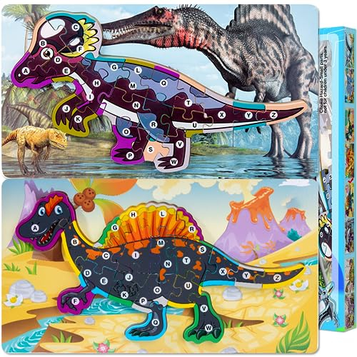 LEcylankEr Puzzle 2 3 4 Jahre Dino Puzzle aus 26 Stück Steckpuzzle Holz ab 2 3 4, Montessori Holzpuzzle Spielzeug für Jungen Mädchen (Doppelkronendrache + Stacheldrache)