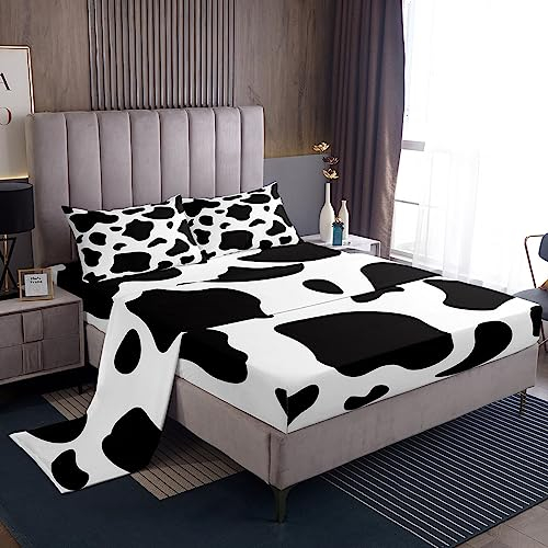 Juego de sábanas con estampado de vaca, tamaño doble, sábanas negras y blancas con bolsillo profundo, sábana bajera ajustable para niños, niñas, adolescentes, juego de sábanas de vaca lechera de