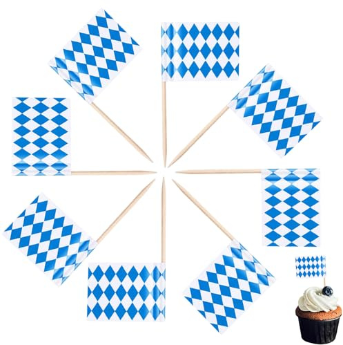 100 Stück Bayern Oktoberfest Zahnstocher Flaggen für Bayerisches Oktoberfest Deko Sandwich Blau Weiß Cupcake Toppers Cocktail Obst Geschirr Party Supplies Pub Decor