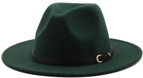 HEYANN Chapeau Fedora en feutre de laine à larges bords classique pour homme et femme Chapeau Jazz Panama Fedora rétro pour messieurs avec boucle de ceinture pour fête à la plage, vert militaire, L