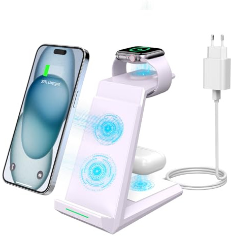 3 in 1 Ladestation Apple Watch und iPhone, ADADPU Wireless Charger | für iPhone 17 16 15 14 13 12 11 X Pro Max & für Apple Watch, Induktive Ladestation für Air Pods 4 3 2 Pro mit 20W Adapter