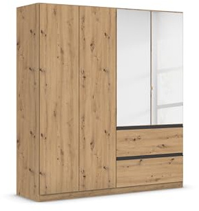 Rauch Möbel Costa, Drehtürenschrank, Kleiderschrank, 4-türig, 2 Spiegeltüren, 2 Schubkästen, Eiche Artisan, Holz, Push-to-Open, Griffprofil grau-metallic, 181x197x54 cm