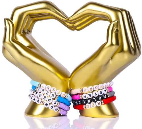 QIANLING Goldene Dekoration, elegante goldene Herz-Hände-Skulptur für Wohnzimmer, Schlafzimmer, Regal, Eingangsakzent – perfektes Valentinstag, Weihnachten, Hochzeit, Geburtstagsgeschenk,