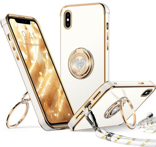 XYZ für iPhone X/XS Hülle mit Band, Weiß | Herzen Doppelring Ständer HandyHülle, Frauen Mädchen Dünn Stoßfeste Case mit Handykette, Anti Kratzt SchutzHülle