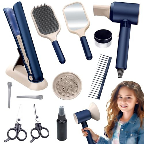 Estilismo y Peluquería Conjunto Juego Belleza,Set de Juegos de 13 Piezas de Salón de Belleza para Niñas,Kit de Maquillaje Simulado para Niños,Juego de Simulación Regalo para Niñas 4 5 6 7 8 Años