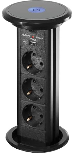 Torretta Presa Elettrica a Scomparsa Automatica – Ciabatta in Alluminio e Plexiglas con 3 Slot, 2 Porte USB, Cavo da 2 Metri – Design Moderno per Cucine e Uffici (Nero)