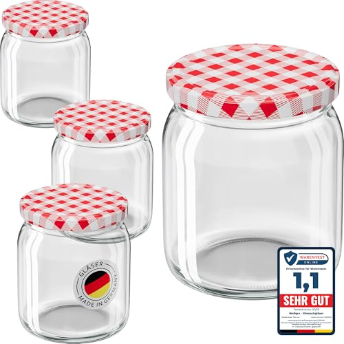 WELLGRO 25x Einmachgläser mit Schraubdeckel - 400ml – Deckel rot kariert To 82 - Made in Germany - Vorratsgläser mit Deckel, Gärglas, Dessertgläser