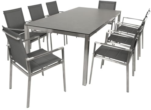 DEGAMO Gartengarnitur Sydney 9-teilig Edelstahl (8X Stapelsessel gepolstertes Kunstgewebe grau und 1x Tisch in Keramikoptik 200x100cm), Outdoor wetterfest