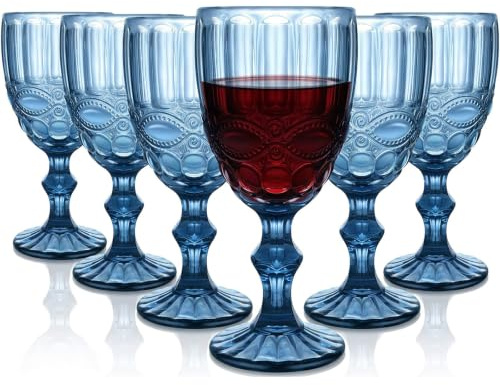 Crystal Red Wine Glasses 300ml - Pack of 6, Lead-Free Crystal Wine Glass Set, Wide Rim Vintage Pattern, Durable Pulled Stem, Gift Glassware for Home & Bar, 10 Oz, for Restaurants, Party, Christmas