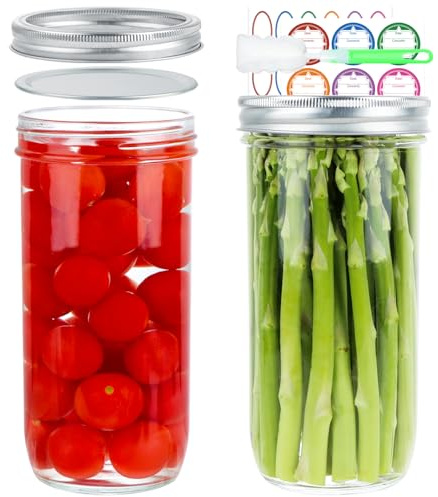 HAYHOI Barattoli da 720 ml, a bocca larga, in vetro, con coperchio ermetico, grande barattolo con pennello per etichette, barattoli trasparenti per conserve, fermentazione, decapaggio, progetti fai da