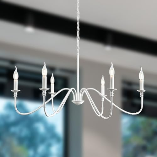 Riohan Kronleuchter Weiß, Traditionellen Landhausstil Kronleuchter Vintage Kerze Schmiedeeisen, 6 Lichter Deckenlampe Pendelleuchte Deckenleuchte Hanging für Wohnzimmer Esszimmer