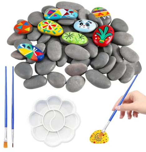 Flache Steine zum Bemalen 40 Stück 1-3 cm Gemalter Kieselsteine mit 2 Pinsel Zum Bemalen und 1 Pigmentpalette Dekosteine Naturstein für DIY Malerei Handwerk Kunst Gartendekoration & Home Decor