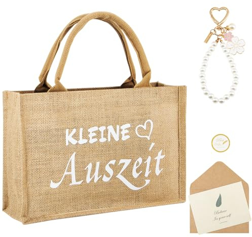 ZYNERY Jutetasche Kleine Auszeit Geschenktasche mit Schlüsselanhänger Grußkartenset Kleine Auszeit Geschenk für Frauen Freundin Mama Mädchen zum Geburtstag