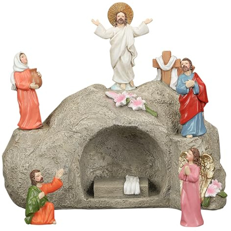 Genérico Аdorno Escena Ascensión De Jesús – Conjunto Sepulcro Resina con Iluminación LED | 6 Piezas Decoración Figuras Religiosas | Grupo Escultórico Pascua Decoración Interior, Obsequio Navideño
