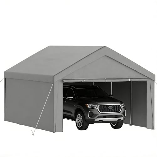 Ferzone Carport Zeltgarage 4x6m, Lagerzelt Winterfest Wasserdicht UV-beständig mit Metallrahmen& PE-Plane, Gerätehaus Fahrradgarage Gartenhaus mit Rolltore für Auto Motorrad LKW SUV Boot Fracht, Grau