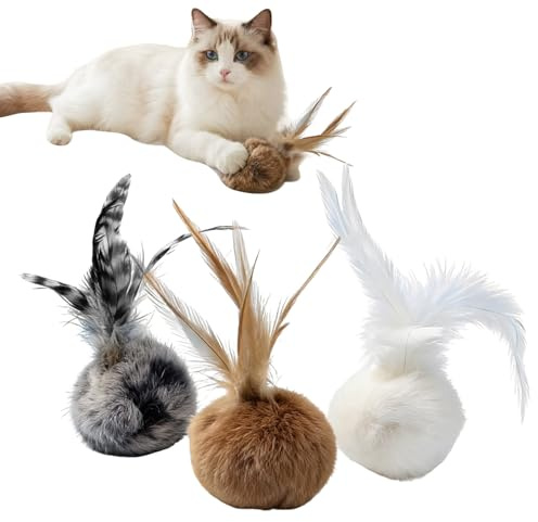 BSITSSS 3 Pezzi Giocattolo per Gatti, Pelliccia Coniglio Palline Gatto con Piume, Palle Morbido Soffici Peluche Giochi Gatto per Bastoncini da Masticare Pulizia Denti Inseguire e Calciare