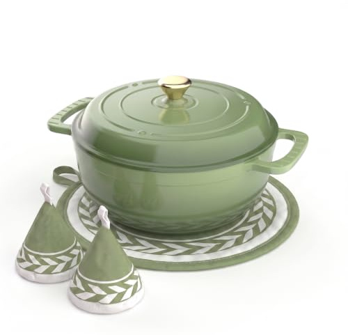 ROVSON Cast Iron Dutch Oven for Bread Making, Enamelled Casserole Dish with Lid, Gradient Green – Oven Safe Cast Iron Pot, Pan, Silicone Gloves (Avocado Green, 5QT)