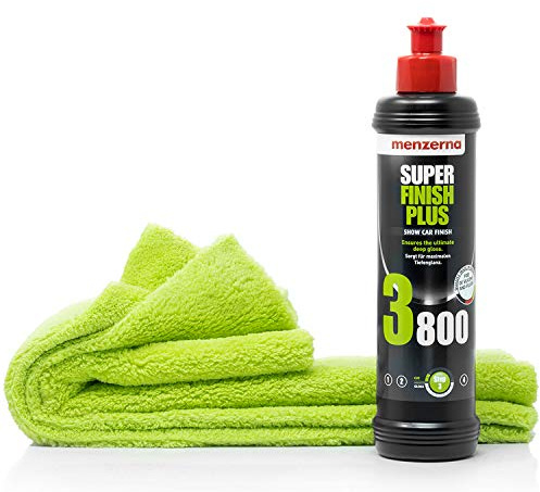 detailmate Auto Politur Set - Autopflege: Menzerna Super Finish Plus Hochglanzpolitur 3800, 250ml + Mikrofaser Autopolitur Tuch, 40x40cm, perfekt zum Polieren auf Autolack