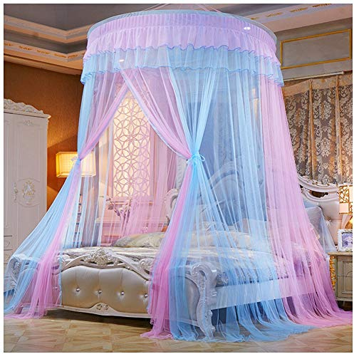 Große Romantische Kuppel Moskitonetz Vorhang Bett Baldachin Runde Prinzessin Traum Betthimmel Deko Moskitonetz Insektenschutz Blau Pink(Höhe:2.7M)