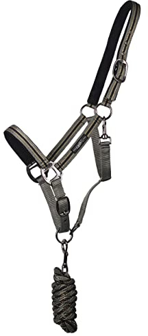 QHP Halfter-Set mit Tasche gestreiftes Muster Halfter mit Führstrick (Pony, Safari)