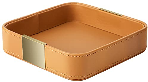 SANZIE Leather Desktop Storage, Trinket Catchall Tray for Keys (Orange) | Metal Gilded, Leather Decorative Tray for Entryway Table to Hold Jewelry Watch Cosmetics Phone Wallet, Home & Office