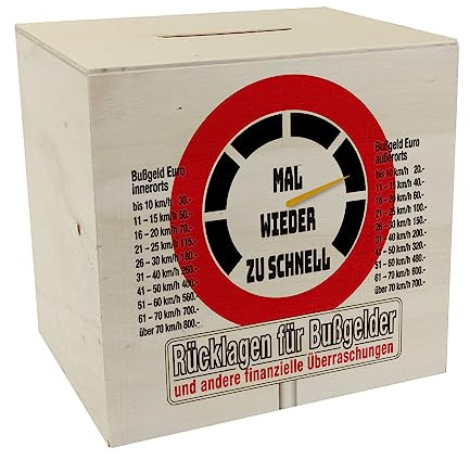 Zu schnell gefahren Bußgeld Spardose aus Holz in weiß mit Straßenschild Motiv um für einen Strafzettel zu sparen für den Führerschein mit Bußgeldkatalog für Autofahrer