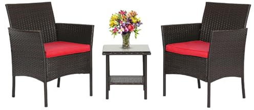 FDW 3 Piece Bistro Conversation Set Patio Brown Wicker Chairs Furniture Outdoor Furniture Set 2 Rattan Chairs with Red Cushions and Glass Coffee Table for Porch Lawn Garden Balcony Backyard