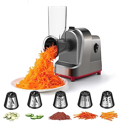 Elektrische Käsereibe Gemüsehobel - Elektrische Drehreibe Chopper Salat Maker mit 5 Edelstahltrommeln für Gurke, Karotte, Kartoffel, Nüsse