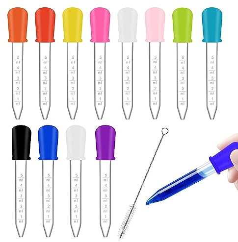 JOCXZI Children's Pipettes, 5 ml, Plastic Liquid Dropper Dropper, Large, Silicone Liquid Drops, Plastic Pipettes with 1 Piece Brush, for Candy Moulds, Rubber Moulds, Crafts (Pack of 12)