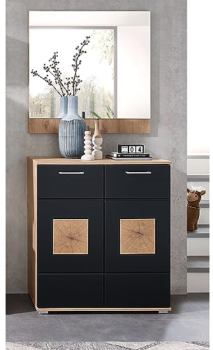 Lomadox Garderoben-Set 2-teilig in braun mit schwarz | Flurgarderobe in Eiche mit schwarz supermatt | Schuhschrank, Spiegel