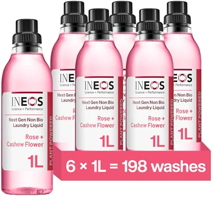 INEOS Next-Gen Non Bio Laundry Washing Liquid Detergent, 198 Washes (6 x 1L), High Performance Stain Remover For Clothes, Plant Powered, For Sensitive Skin, Rose + Cashew Flower, Packaging May Vary
