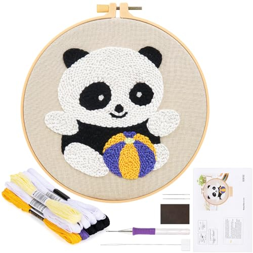 JSRQT Panda Stanznadel Stickerei Starter Kit für Kinder Erwachsene,Punch Needle Stickerei Set für Anfänger,Punch Needle Anfänger Handarbeit Set mit Stoff,Fäden,Einfädelhilfe