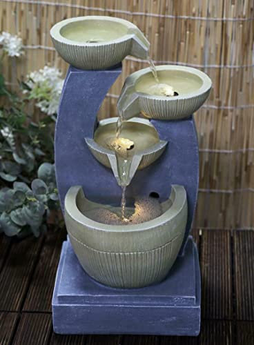 Outdoor Garden Water Fountain Indoor Outdoor 4 Tier Bowls Polyresin Water Fountain Feature LED Lights Garden Floor-Standing Waterfalls Fountains for Home Yard Decoration