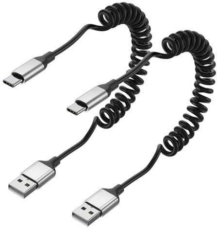 Spiralkabel USB A auf USB C, 2 Stück Kurzes USB C Kabel Schnellladekabel | Android Auto USB Ladekabel Typ C Datenkabel für Samsung S23 S22 S21 S10 S9 S8 S7, Xiaomi, Huawei - Schwarz