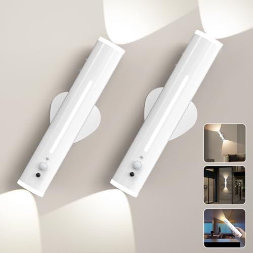 Hapfish Lampe LED Murale Sans Fil Rechargeable, 2 PSC Applique Murale Detecteur de Mouvement Intérieure Exterieur, Métal Magnétique Télécommande, Lumiere Pile pour Chevet, Chambre, Salon, Couloir
