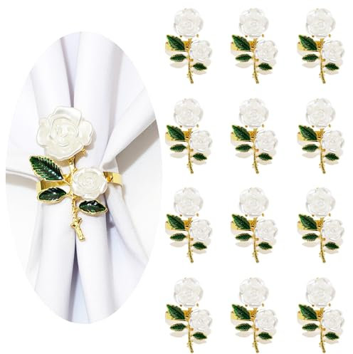 SWHC 12 Pcs Serviettenringe, Weiß Blumen Herzförmig Serviettenringe Prägnant Serviettenhalter Elegant Serviettenringe Weihnachten Mehrzweck Tischdekoration für Hotels, Restaurants, Bankette