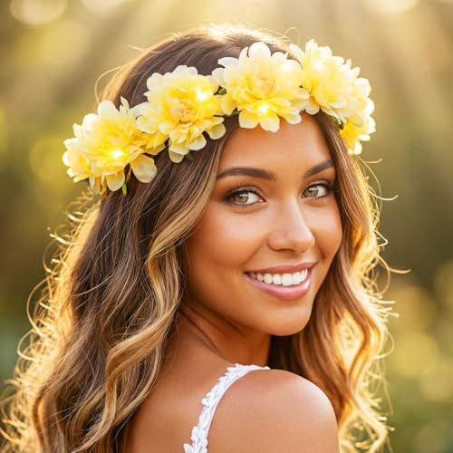 Fashband LED-Blumen-Stirnbänder mit leuchtendem Krone, Haarkranz, Festival-Kopfschmuck, Halloween-Party, Haarschmuck für Damen (Cremefarben)