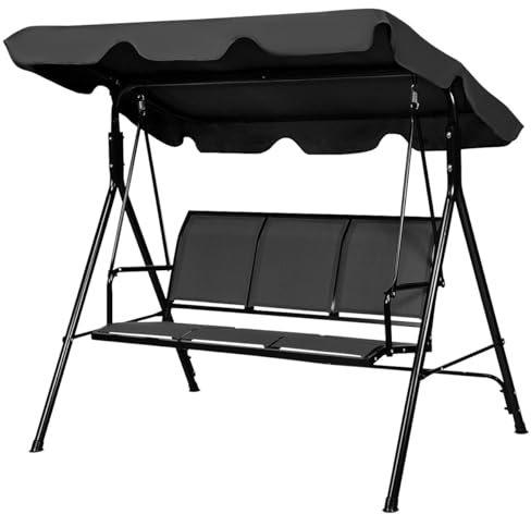 KOMFOTTEU 3-sitsig hollywoodgunga, trädgårdsgunga med soltak och ryggstöd, gungstol, gungstol för trädgård, balkong, terrass (svart)