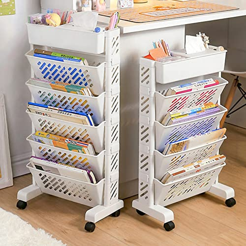 MCDSAJ Beweglicher Bücherregalwagen, 6-Stöckiger Zeitschriftenständer Mit Rädern, Weiß Standregal für Kinder, Schüler, Lehrer, Home Office Schlafzimmer
