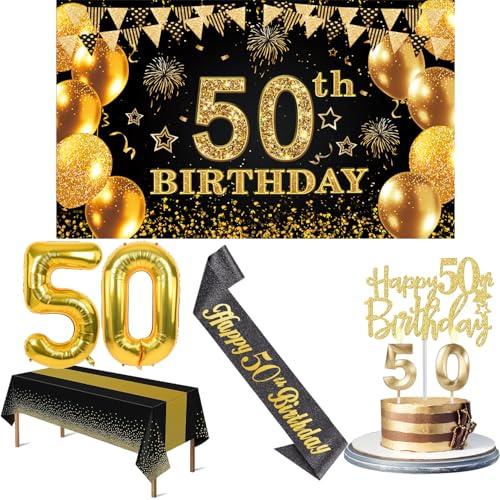 Amosking 50th Birthday Decorations for Men Women Black Gold | Luxury 60th Birthday Decorations - Easy Assembly with Banner, Number Balloons, Table Cloth, Sash, Cake Topper and Candles