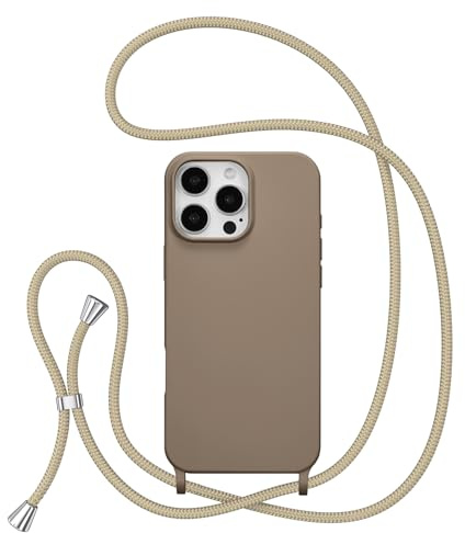 ZTOFERA Handyhülle mit Band für iPhone 16 Pro (6.3), Braun | Liquid Silikon Handyhülle mit Kordel, Verstellbarem Handykette, Stoßfeste Schutzhülle mit Kette zum Umhängen, Necklace Hülle