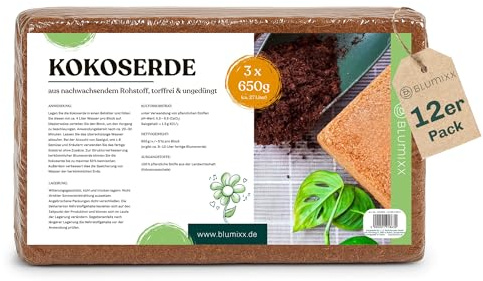 Kokoserde für Pflanzen 12 x 650g - Humuserde Kokosziegel, Anzuchterde torffrei, Kokosfaser Substrat für Hochbeete, Zimmerpflanzen & Terrarien - 100% natürlich & abbaubar - 108L Kokoserde