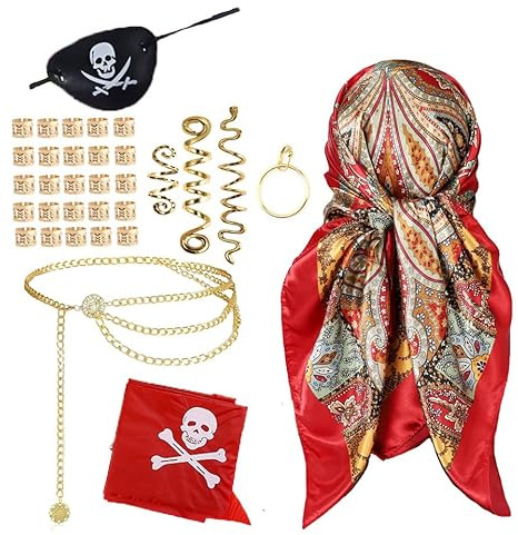 xlwen 6 Stück Piratenkostüm Herren Damen Piraten Kopftuch Mittelalter Piratenkostüm Zubehör Set Piraten Accessoires Kopftuch Augenklappe Ohrringe Halskette Armband Hüfte Halloween Cosplay