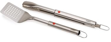 Joseph Joseph GrillOut 2-Piece Stainless Steel BBQ Utensil Set, Turner & Tongs, Retractable Handle, Hanging Loops