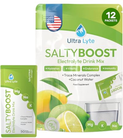 Ultra Lyte Electrolytes Lot de 12 sachets de mélange à boisson – Poudre d'électrolytes sans sucre à haute teneur en sodium, oligo-minéraux et eau de noix de coco – Réhydratation pour le fitness (12