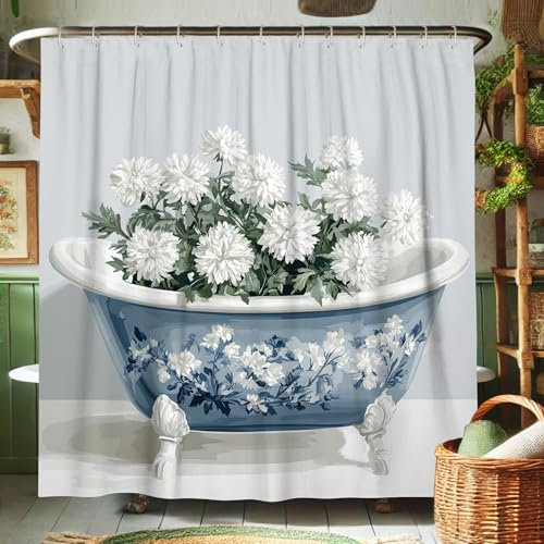 Tenda da doccia con fiori di crisantemo bianco per la decorazione del bagno, elegante tenda da doccia in tessuto impermeabile con ganci, 157 x 183 cm