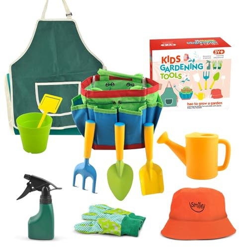 Giocattoli da giardino per bambini – Set da giardino per bambini, set di attrezzi da giardino | attrezzi da giardino colorati per bambini con annaffiatoio, guanti, pala, rastrello, custodia,