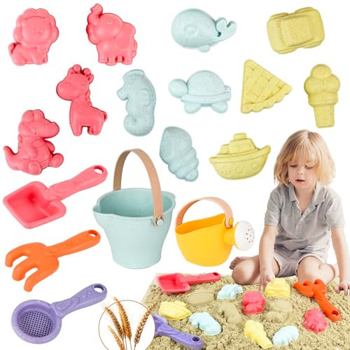 FORMIZON Strandspielzeug für Kinder, 17 Stück Sandspielzeug Set mit Eimer, Sandkasten Strand Sandspielzeug, Schaufel, Rechen, Löffel und 12 Sandförmchen, Strand Outdoor Spiele für Jungen Mädchen
