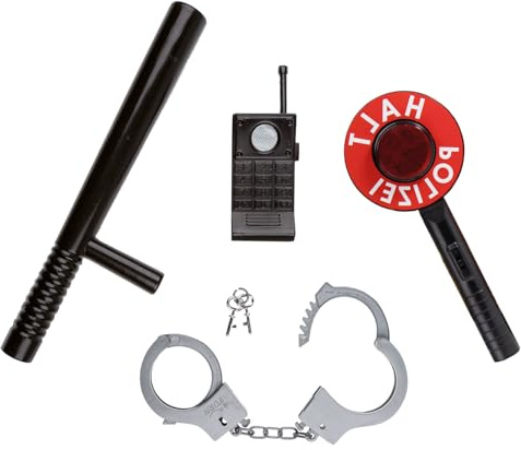Idena 90256 - Polizei Einsatzset, 4-teiliges Set mit Polizeikelle, Schlagstock, Handschellen und Walkie-Talkie, für Kinder ab 5 Jahren